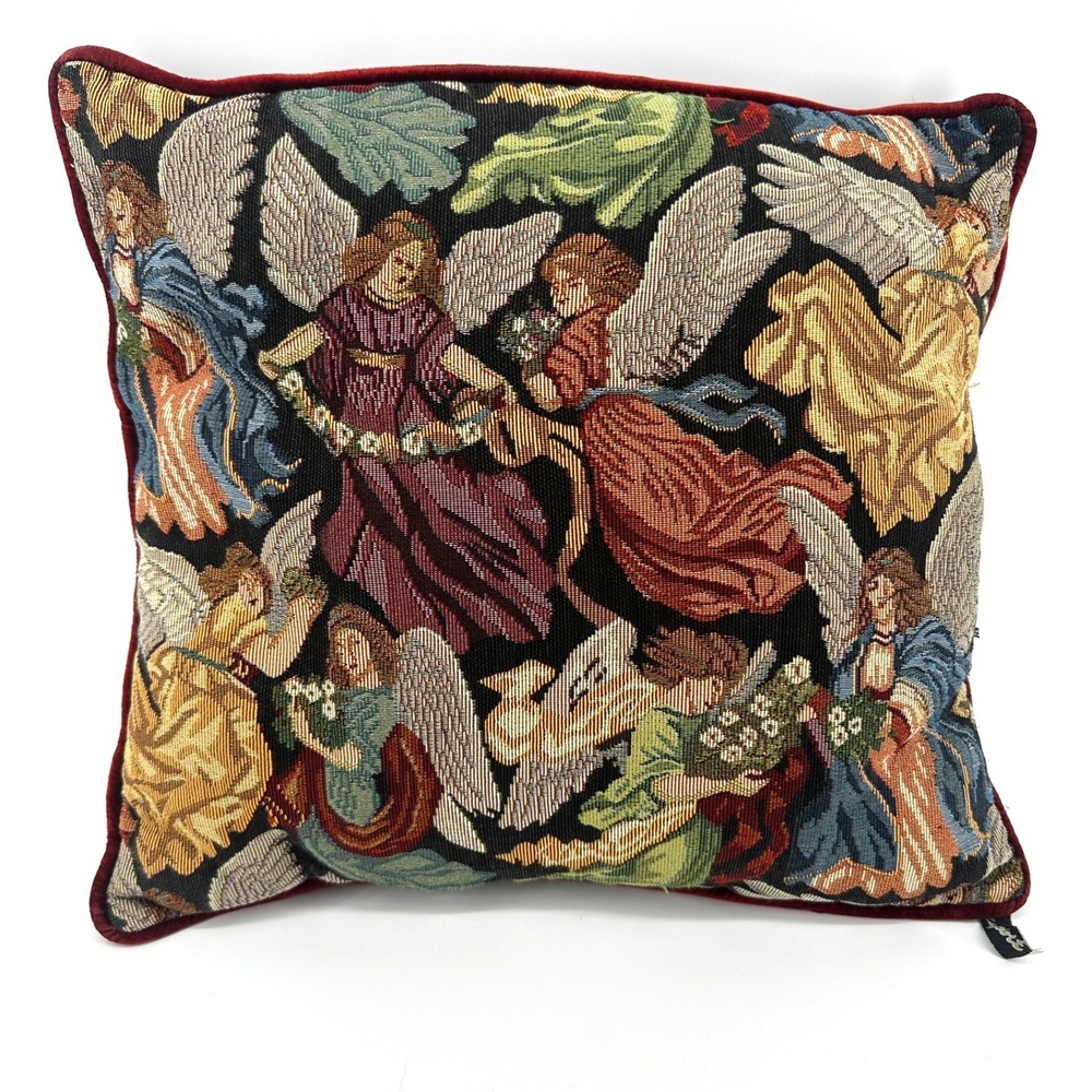 Vintage Angel Tapestry Throw Pillow Red Velvet Back Renaissance Celestial 17x17